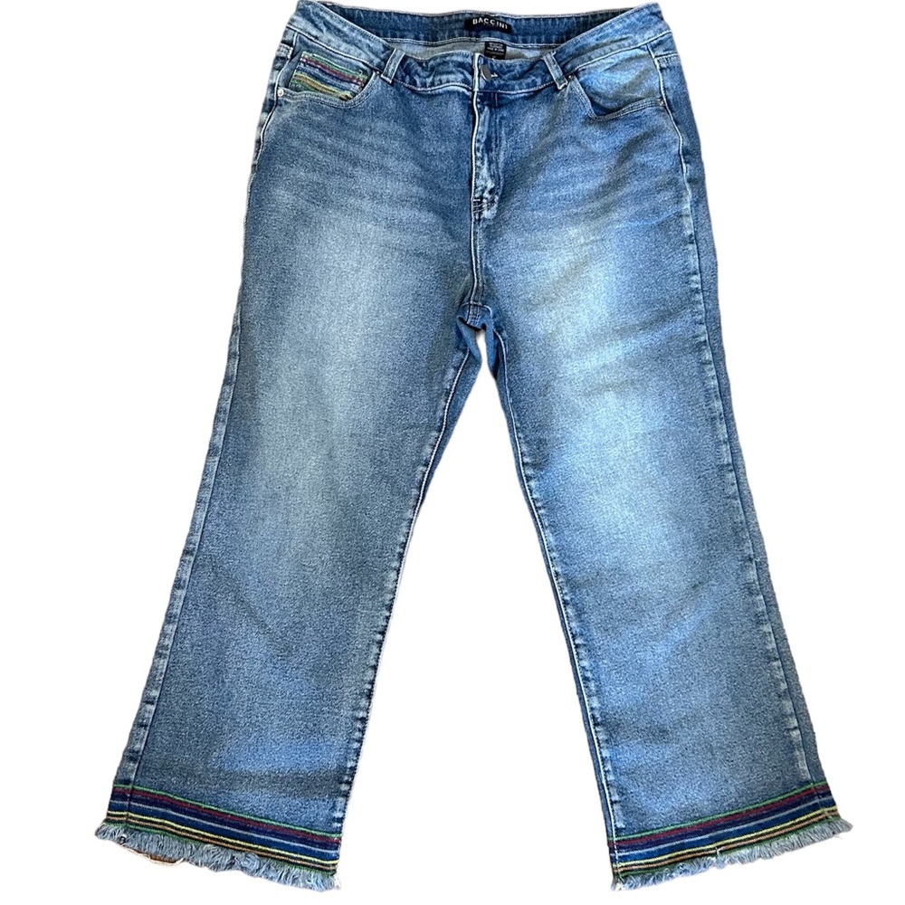 BACCINI High Waist Cropped Blue Denim Jeans Embellished Striped Fringe Hem